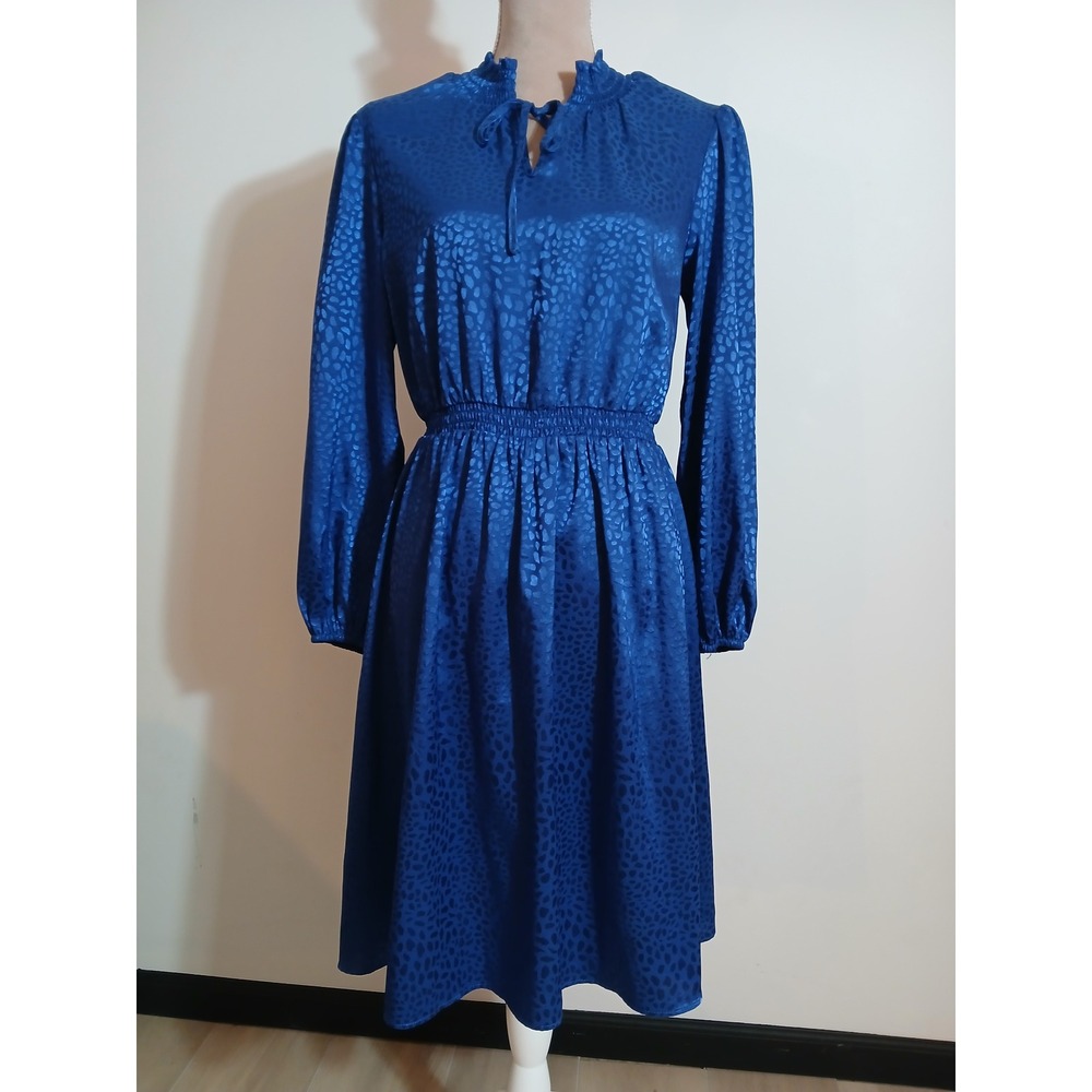 Chenault Medium Blue Leopard Jacquard Smocked Midi Dress Long Sleeve New Keyhole